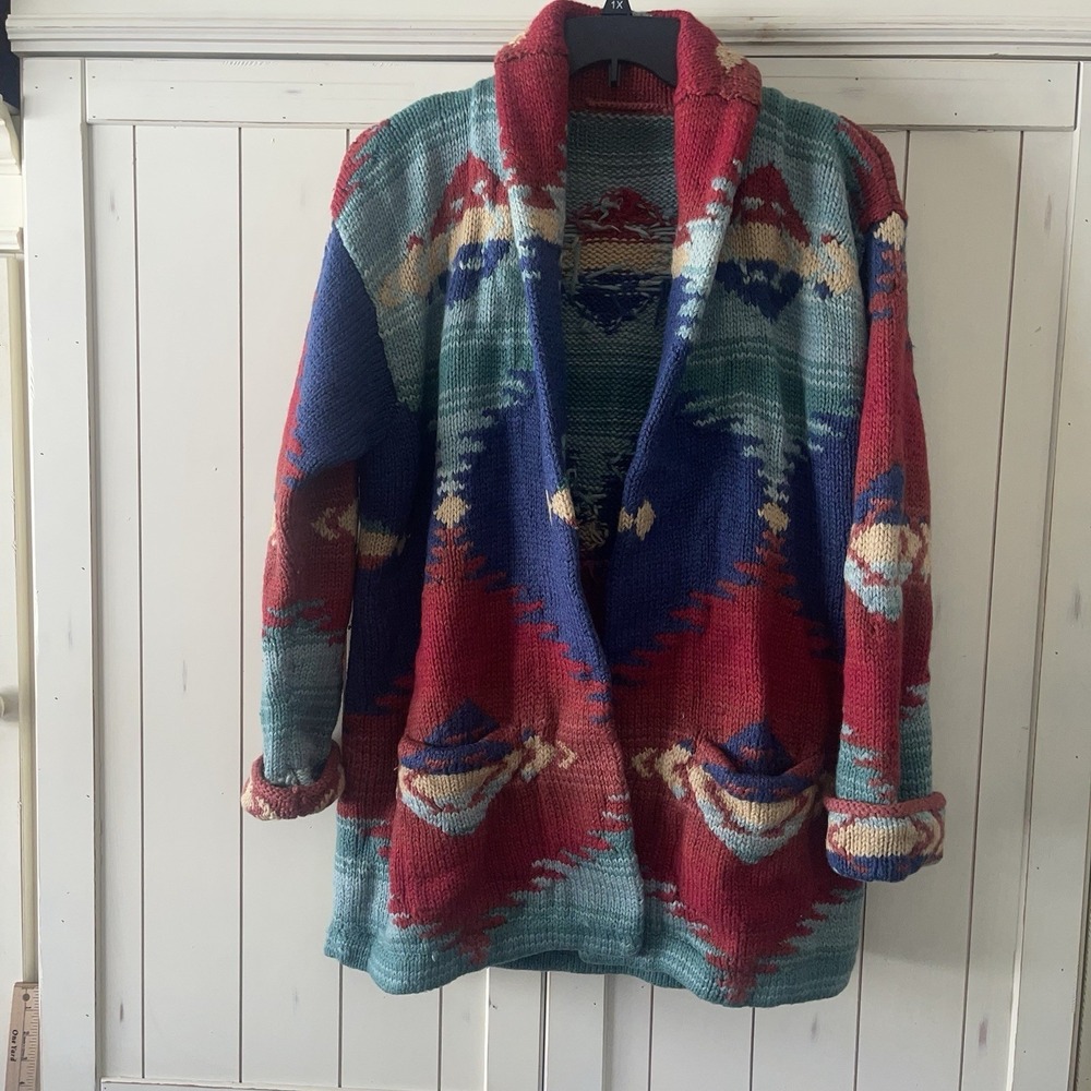 Ralph Lauren Southwestern Aztec Country Hand-Knit Cardigan Sweater 100% WOOL*
